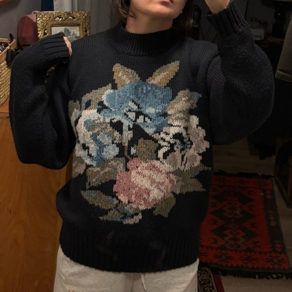 Collections  by Michelle Stuart oversized needlepoint style floral blue sweater